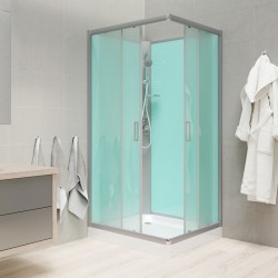Sprchový box, čtvercový, 90cm, satin ALU, sklo Point, zadní stěny zelené, litá vanička, bez stříšky