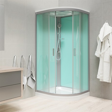 Sprchový box, čtvrtkruh, 90 cm, satin ALU, sklo Point, zadní stěny zelené, litá vanička, se stříškou