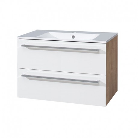 Bino, koupelnová skříňka s keramickým umyvadlem 81 cm, bílá/dub