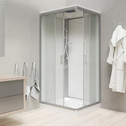 Sprchový box, čtvercový, 80 cm, satin ALU, sklo Point, zadní stěny bílé, litá vanička, se stříškou