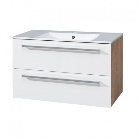 Bino, koupelnová skříňka s keramickým umyvadlem 101 cm, bílá/dub