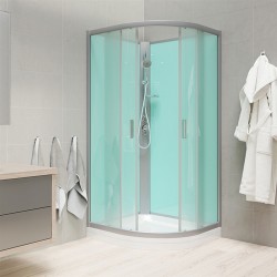 Sprchový box, čtvrtkruh, 90 cm, satin ALU, sklo Point, zadní stěny zelené, litá vanička, bez stříšky