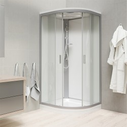 Sprchový box, čtvrtkruh, 90 cm, satin ALU, sklo Point, zadní stěny bílé, litá vanička, se stříškou