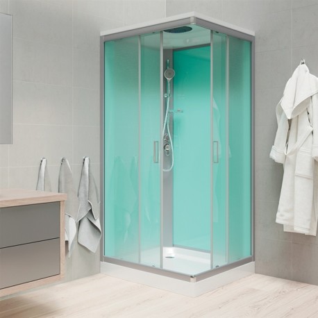 Sprchový box, čtvercový, 90cm, satin ALU, sklo Point, zadní stěny zelené, SMC vanička, se stříškou