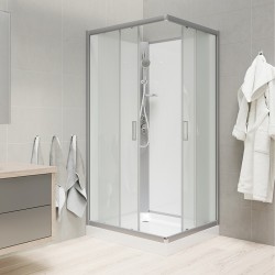Sprchový box, čtvercový, 80cm, satin ALU, sklo Point, zadní stěny bílé, SMC vanička, bez stříšky