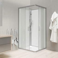 Sprchový box, čtvercový, 90cm, satin ALU, sklo Point, zadní stěny bílé, SMC vanička, bez stříšky