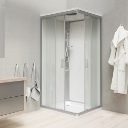 Sprchový box, čtvercový, 80 cm, satin ALU, sklo Point, zadní stěny bílé, litá vanička, se stříškou