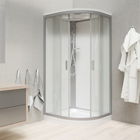 Sprchový box, čtvrtkruh,100 cm, satin ALU, sklo Point, zadní stěny bílé, litá vanička, se stříškou